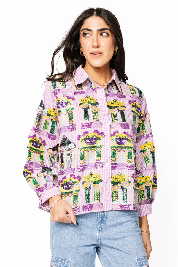 Mardi Gras Porches Button Up Top- (Women's)