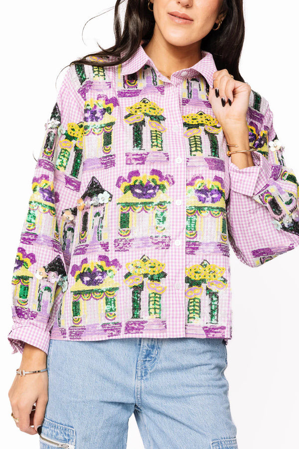Mardi Gras Porches Button Up Top- (Women's)