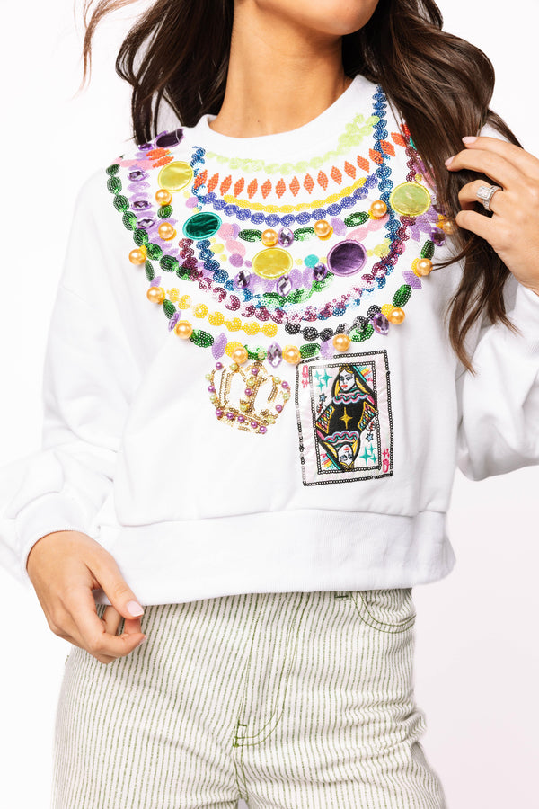 White Mardi Gras Queen Beads Sweatshirt- (Women's)