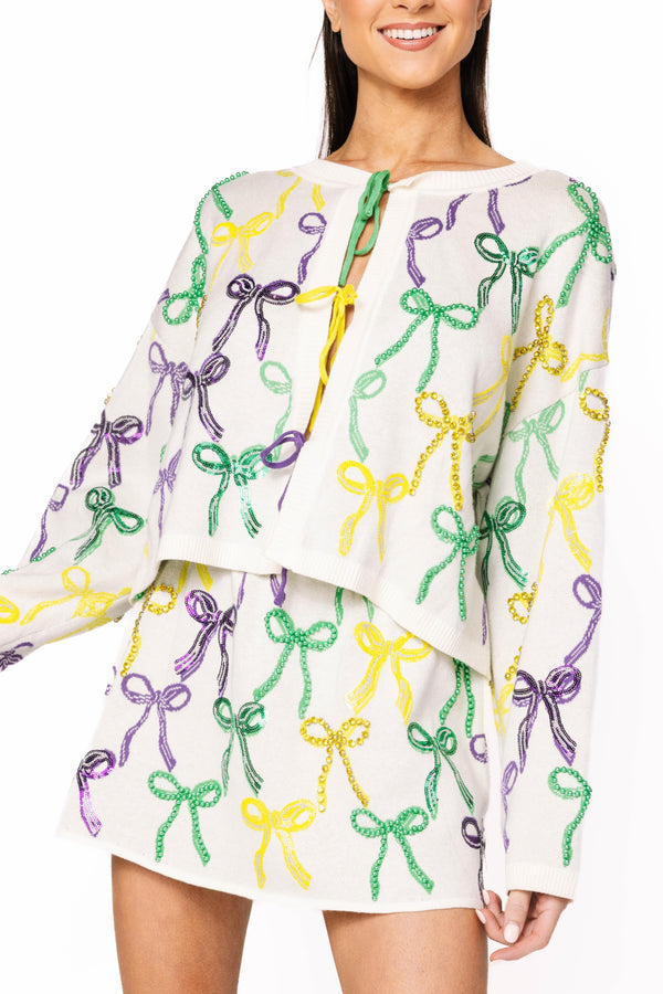 White Mardi Gras Bow Tie Up Sweater- (Women's)