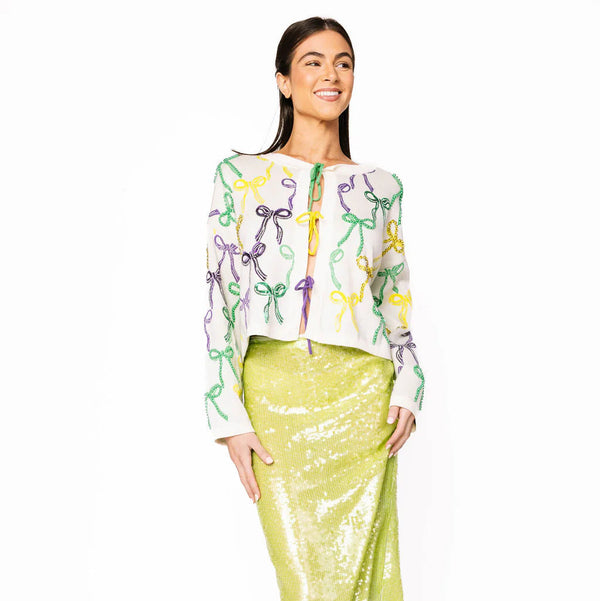 White Mardi Gras Bow Tie Up Sweater- (Women's)