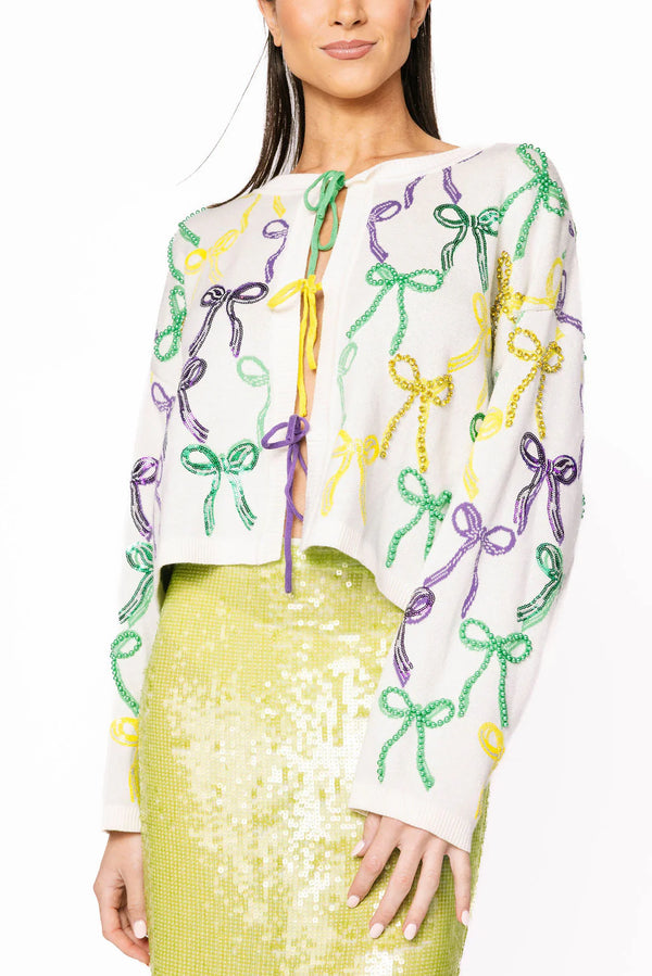 White Mardi Gras Bow Tie Up Sweater- (Women's)