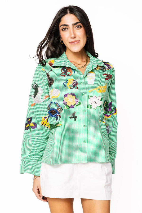 Mardi Gras Icon Button Up Cotton Top- (Women's)