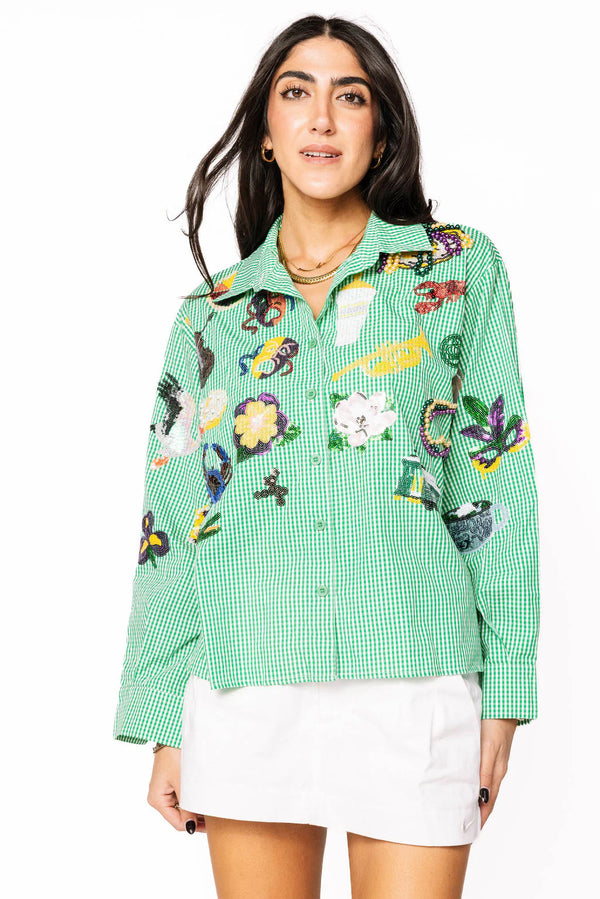 Mardi Gras Icon Button Up Cotton Top- (Women's)