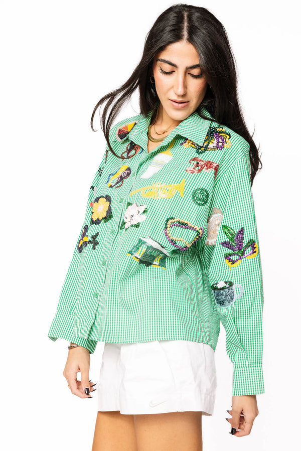 Mardi Gras Icon Button Up Cotton Top- (Women's)