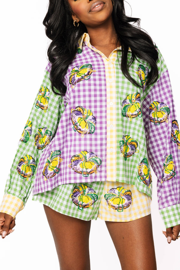 Mardi Gras Gingham King Cake Button Up Top- (Women's)