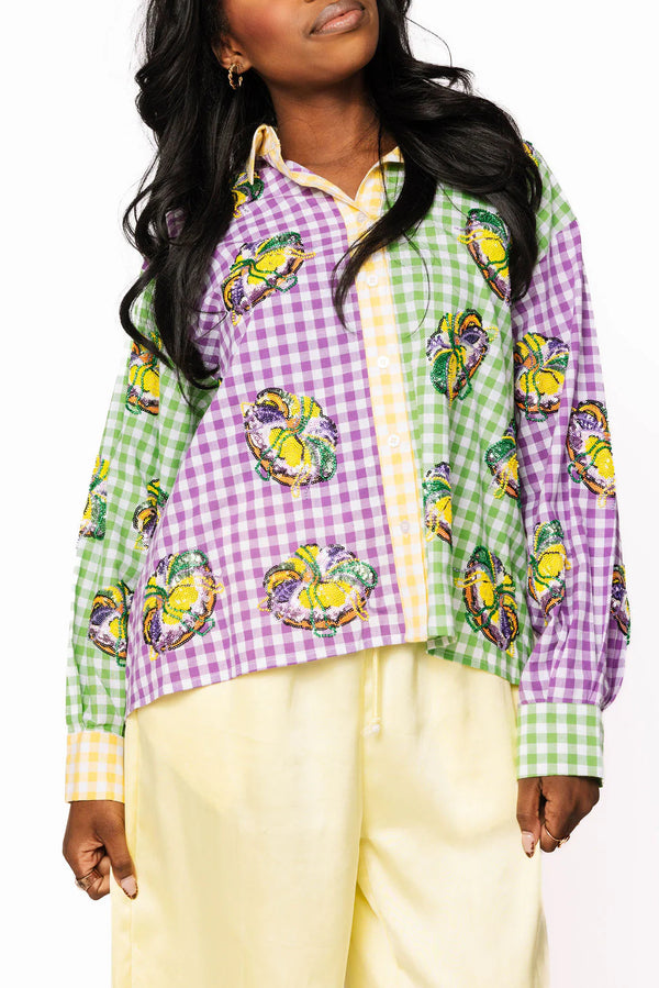 Mardi Gras Gingham King Cake Button Up Top- (Women's)
