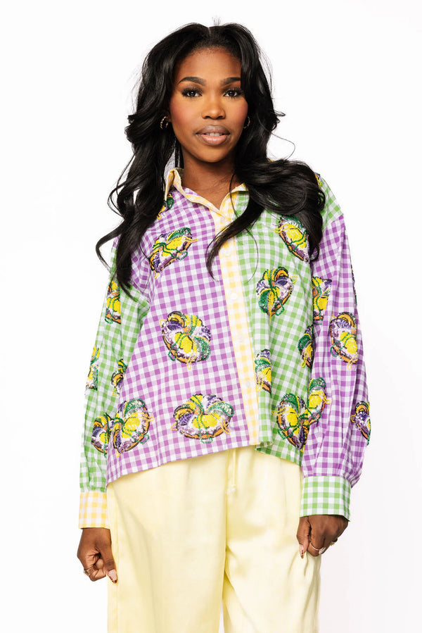 Mardi Gras Gingham King Cake Button Up Top- (Women's)
