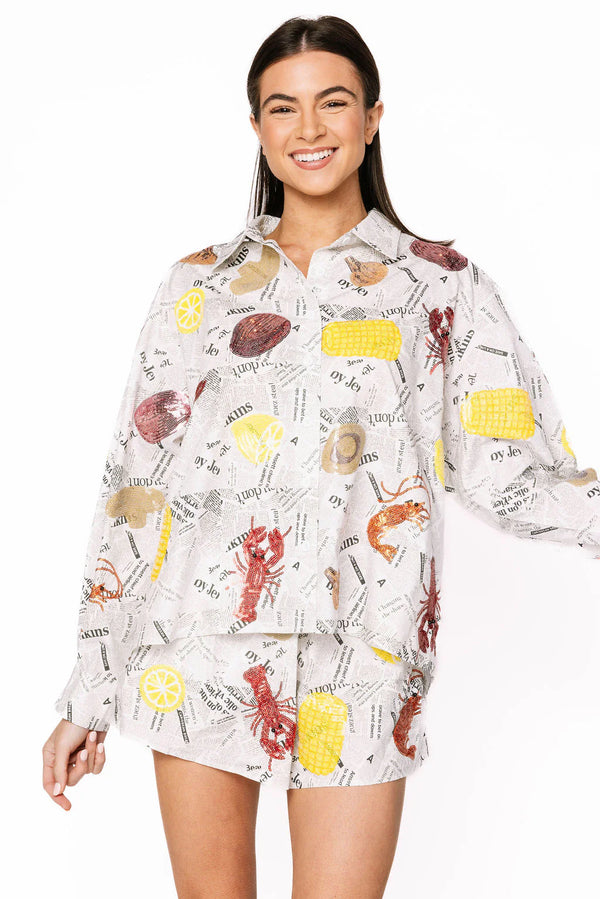 Seafood On Newspaper Button Up Top- (Women's)
