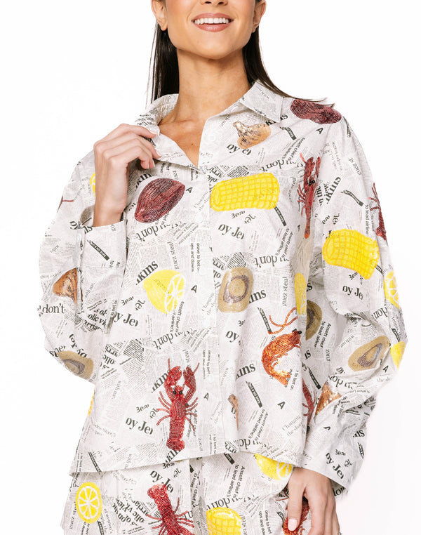 Seafood On Newspaper Button Up Top- (Women's)