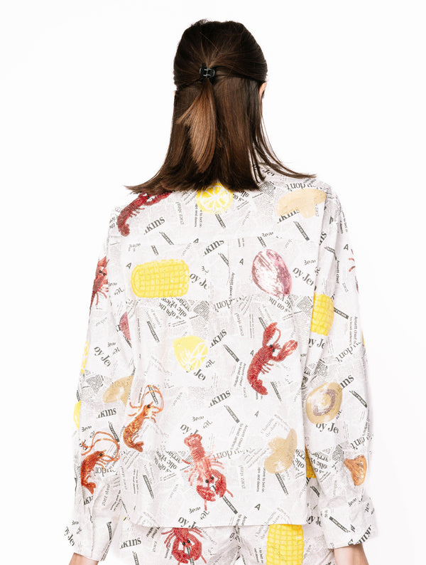 Seafood On Newspaper Button Up Top- (Women's)