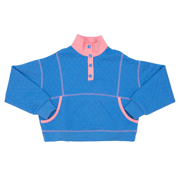 Quilted Contrast Pocket LS Top- Royal Blue/Pink