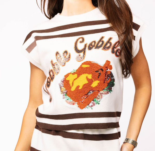 White & Brown Stripe 'Gobble' SS Top- (Women's)