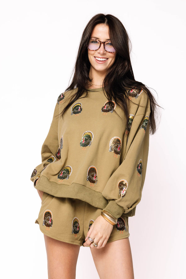 Olive Green Scattered Turkey Sweatshirt- (Women's)