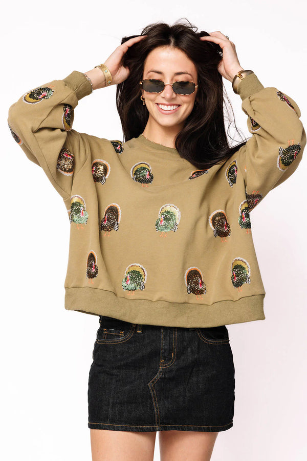 Olive Green Scattered Turkey Sweatshirt- (Women's)