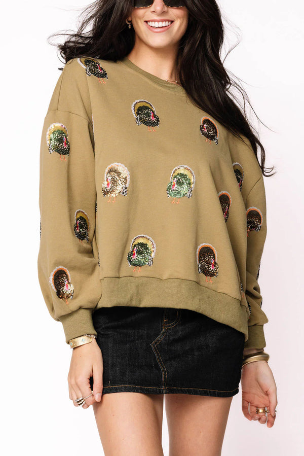 Olive Green Scattered Turkey Sweatshirt- (Women's)