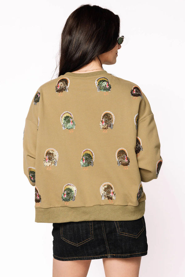 Olive Green Scattered Turkey Sweatshirt- (Women's)