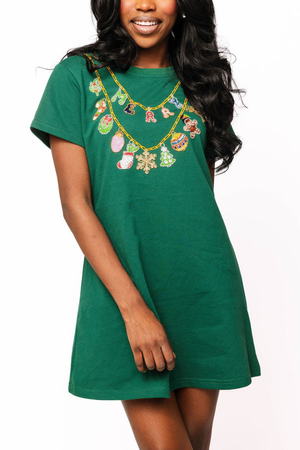 Dark Green Christmas Necklace Tee Dress