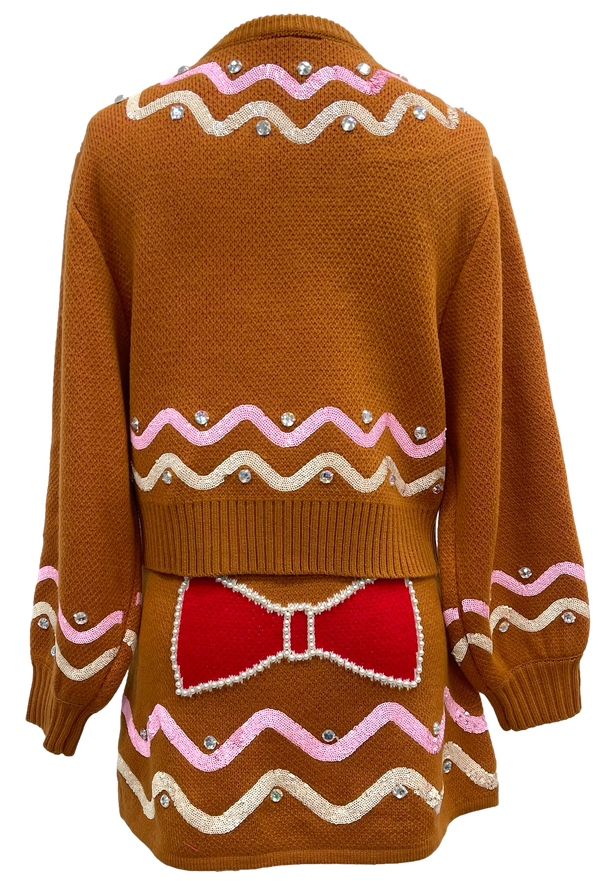 Brown Gingerbread Man Jewel Bow Tie Sweater- (Women's)