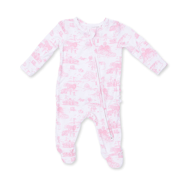 Golf Toile 2 Way Ruffle Zipper Footie- Pink