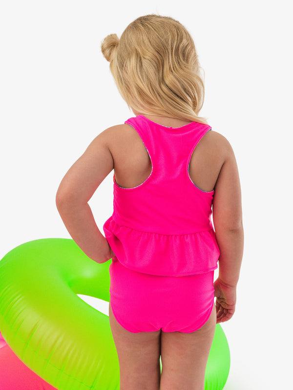 Reversible Peplum Tankini 2-Piece Swimsuit- Neon Shimmer Mermaid