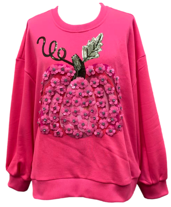 Neon Pink Flower Sequin Pumpkin Sweatshirt- (Women's)