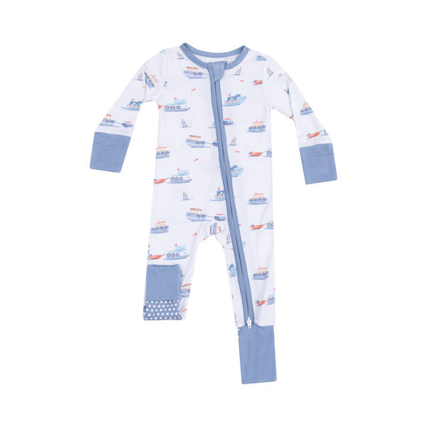 Bubbly Tugboats 2 Way Zipper Romper- Blue