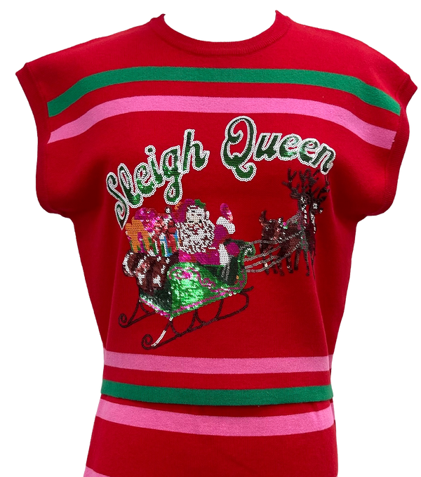 Red, Green & Pink 'sleigh Queen' Stripe Top- (Women's)
