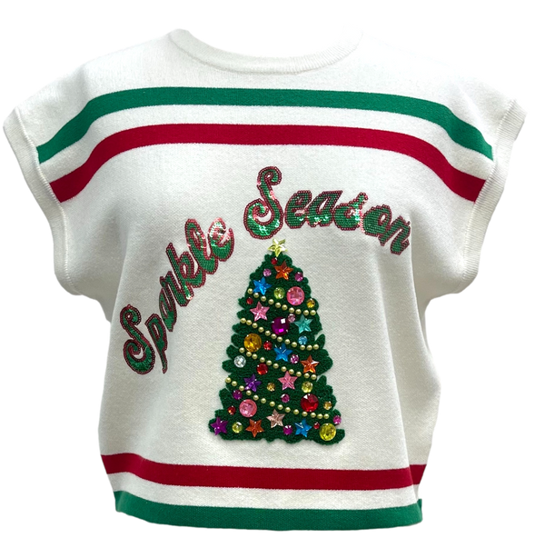 White, Green & Red 'sparkle Season' Stripe Top