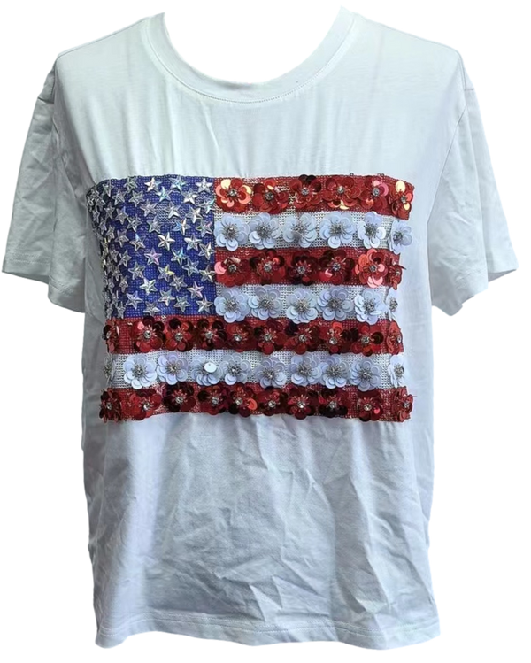 White Flower American Flag Tee- (Women's)