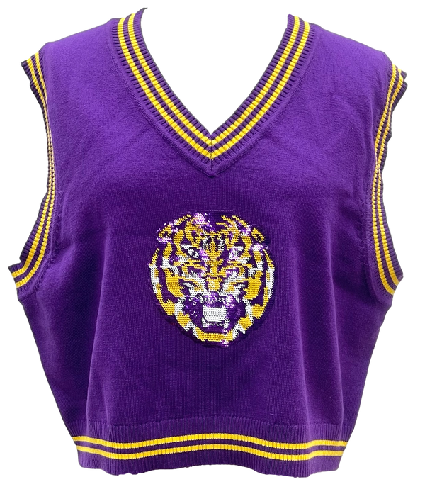 Licensed LSU V-Neck Striped Cuff Sweater Vest (Women's)