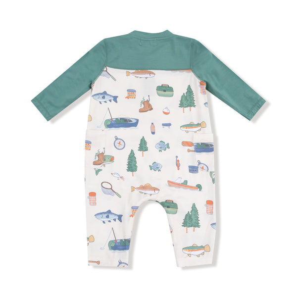 Fishing Things Romper W/ Contrast Sleeves- Frosty Spruce