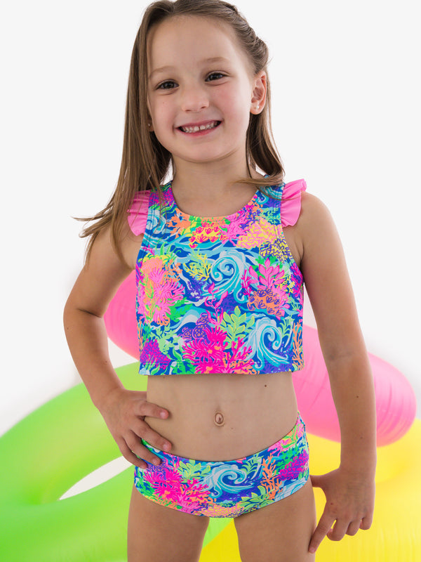 Racerback Flutter Tankini 2-Piece Swimsuit- Neon Ocean Coral