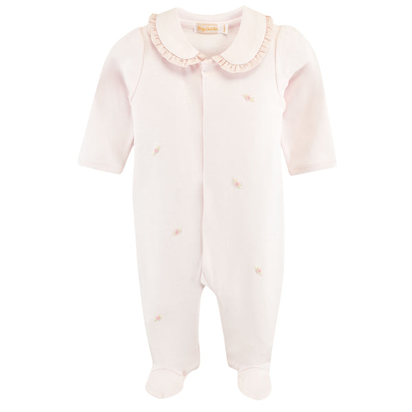 All Over Embroidery Rose Collared Footie- Pink