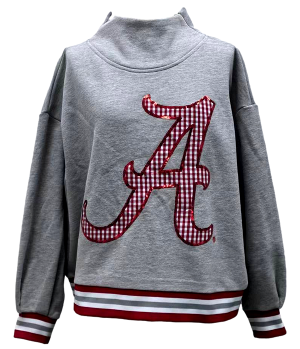 Licensed Bama Grey Gingham Mascot Mock Neck Sweatshirt- (Women's)