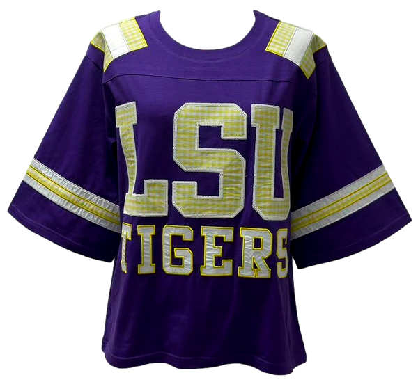 Licensed LSU Oversized Gingham Jersey Tee- (Women's)