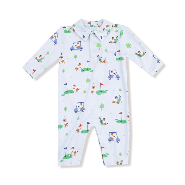 Dog Gone Golf Polo Romper- Light Blue/Green