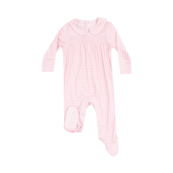 Pink Mini Gingham Smocked Peter Pan Footie