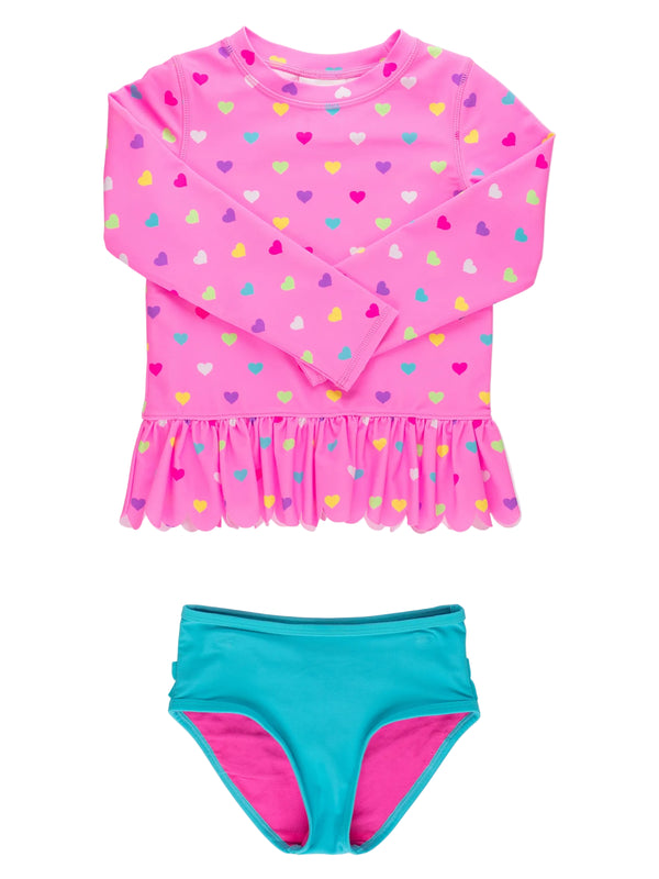 Scallop Hem Rash Guard 2-Piece- Neon Pink Colorful Hearts