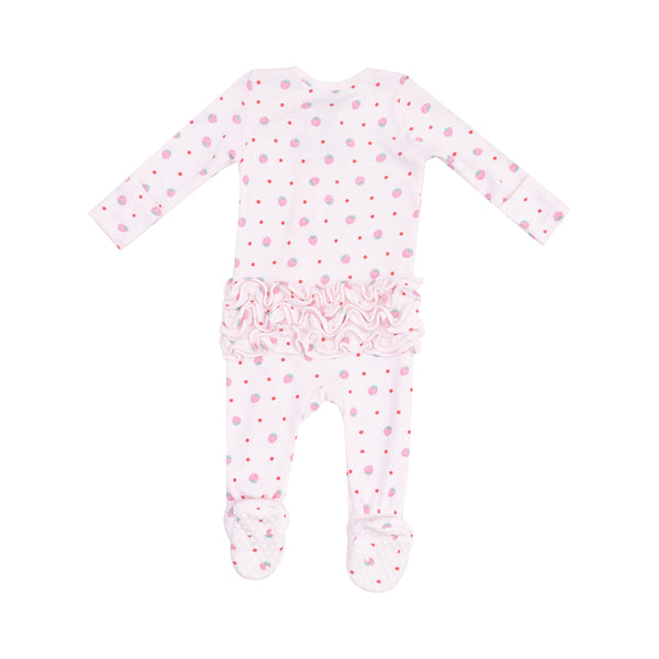 Strawberry Swiss Dot 2 Way Zipper Ruffle Footie- Pink