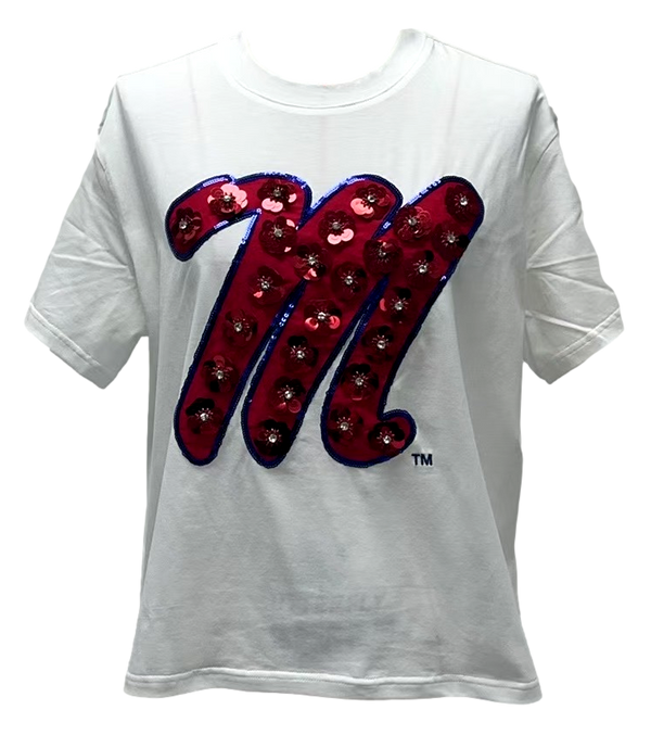 Licensed Ole Miss Mascot Sequin Flower Tee- (Women's)