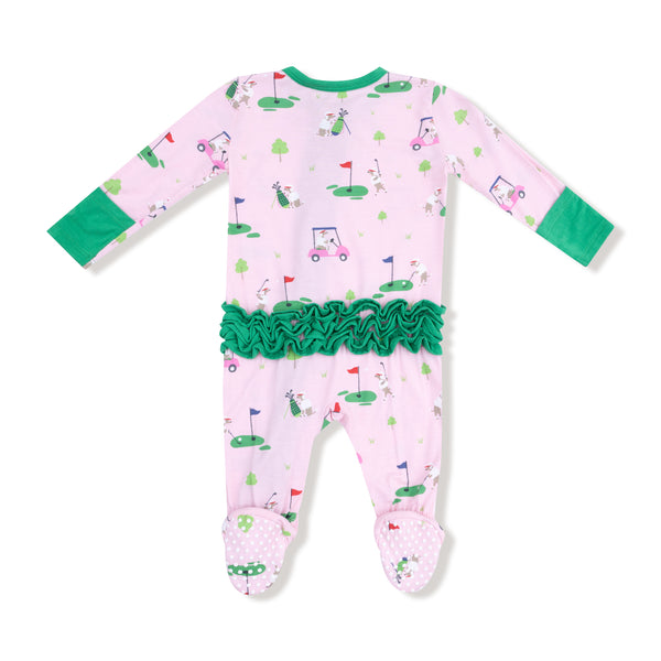 Dog Gone Golf 2 Way Zipper Ruffle Footie- Light Pink/Green