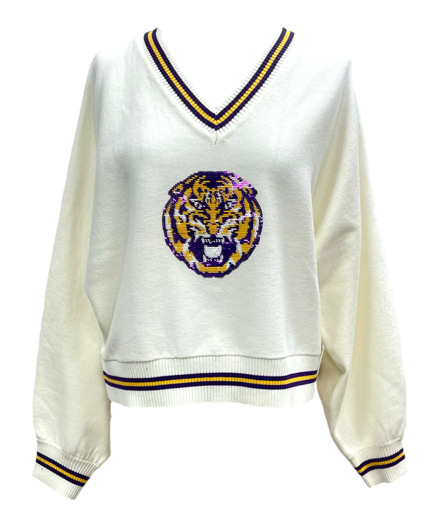 Licensed LSU V Neck Striped Cuff Sweater-(Women's)