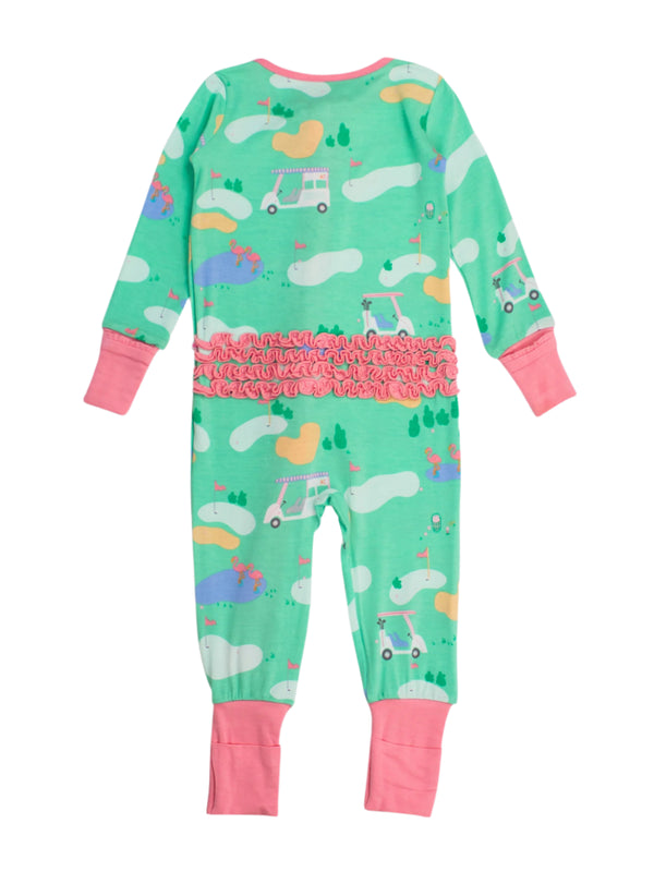 Convertible Ruffle One Piece Pajama- Fairway Flamingo
