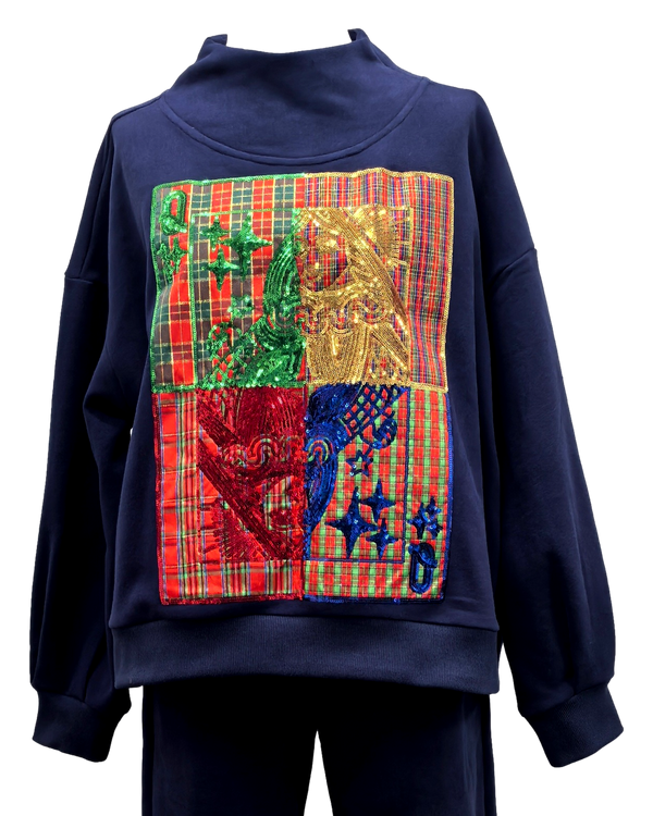 Navy Christmas Plaid Metallic QOS Card Logo Mock Neck Sweatshirt- (Women's)