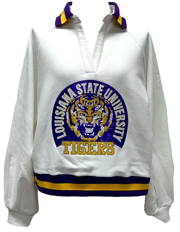 Licensed LSU Striped Collar Circular Mascot Sweatshirt- (Women's)