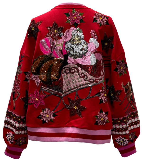 Red & Pink Vintage Poinsettia Santa Sweatshirt- (Women's)