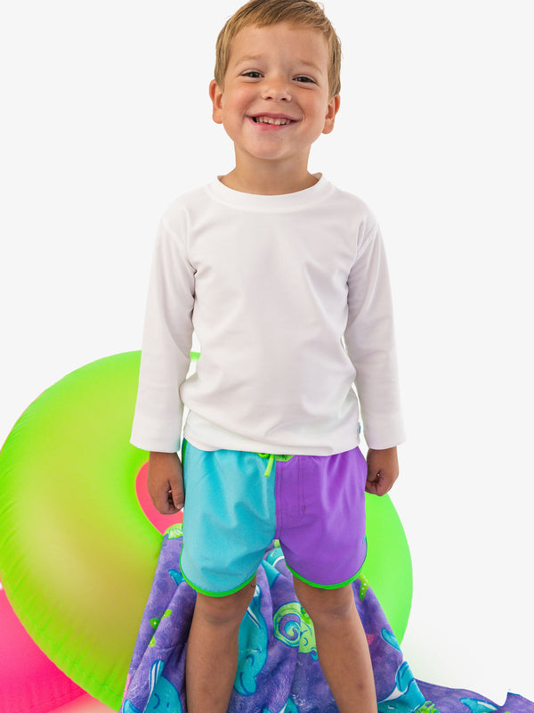 Swim Trunks- Neon Bright Aqua Color Block