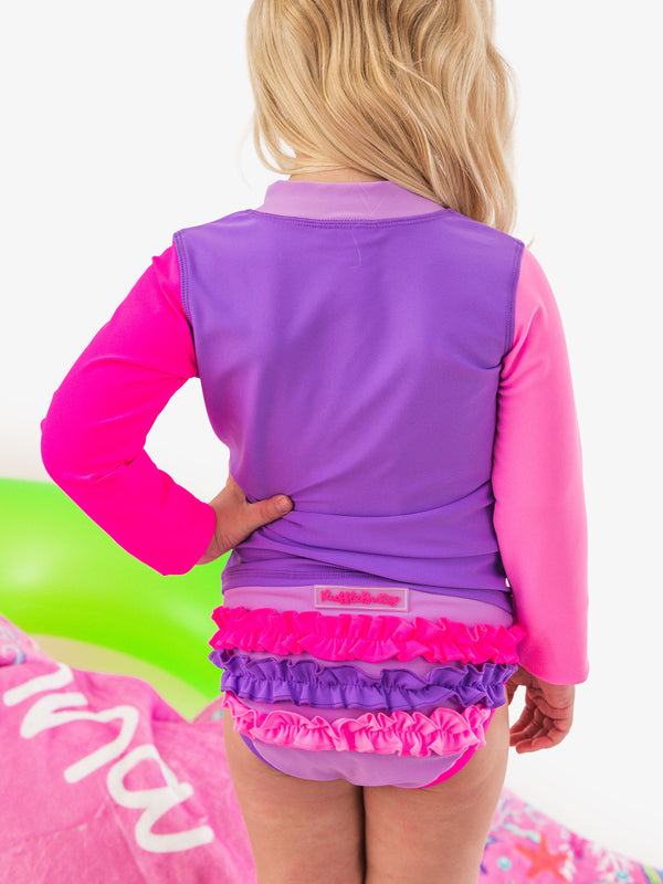 Zipper Rash Guard 2-Piece Swimsuit- Neon Purple Color Block