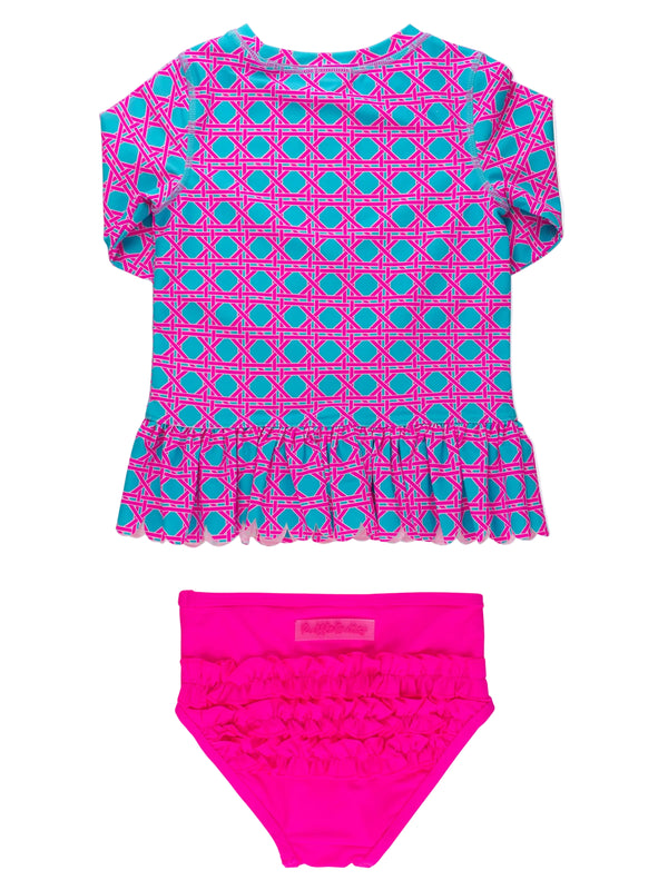 Scallop Hem Rash Guard 2-Piece- Neon Sorbet Cane